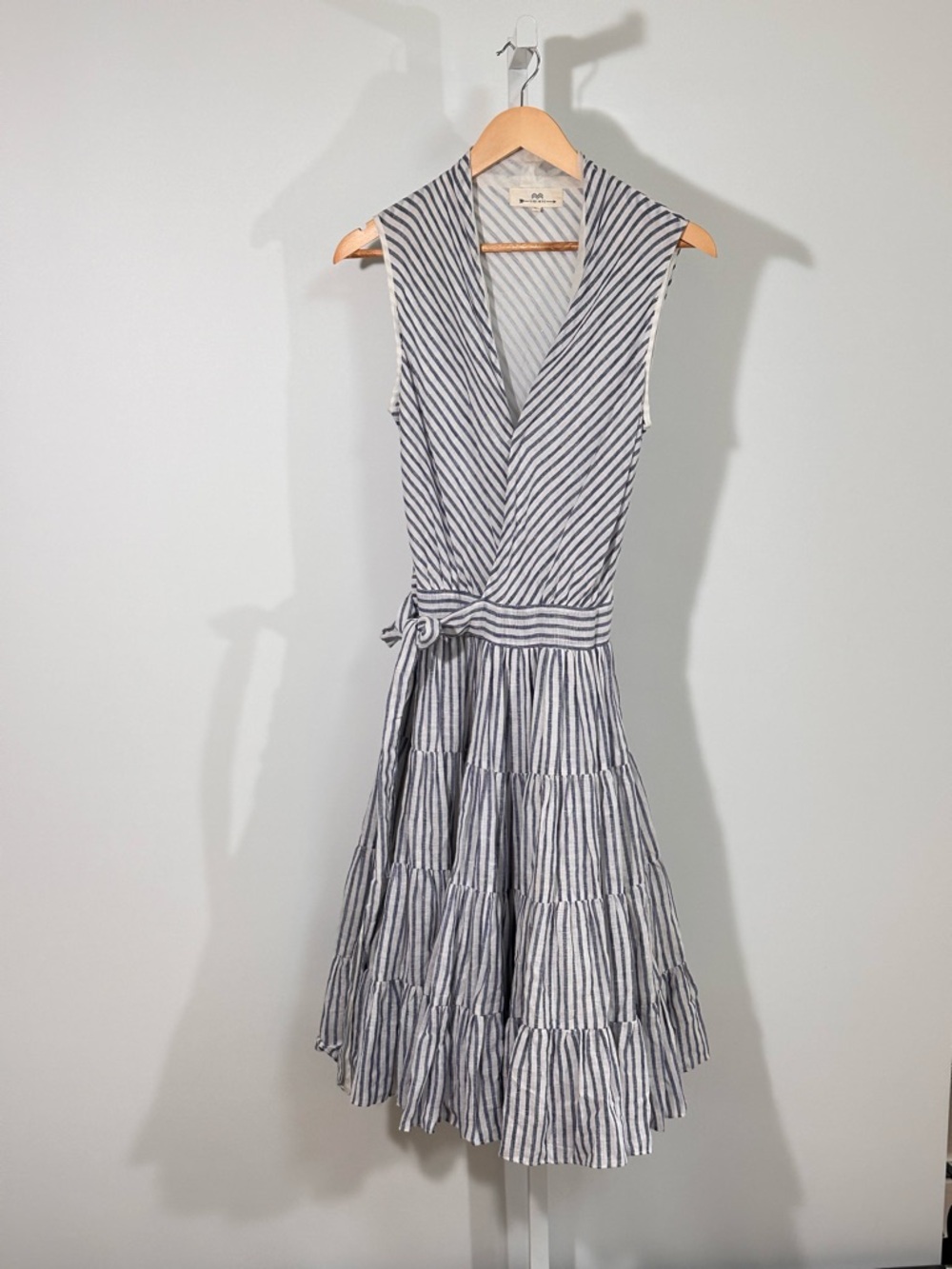 Nibi MTK Blue Stripe Wrap Dress Tiered Ruffle Midi Small